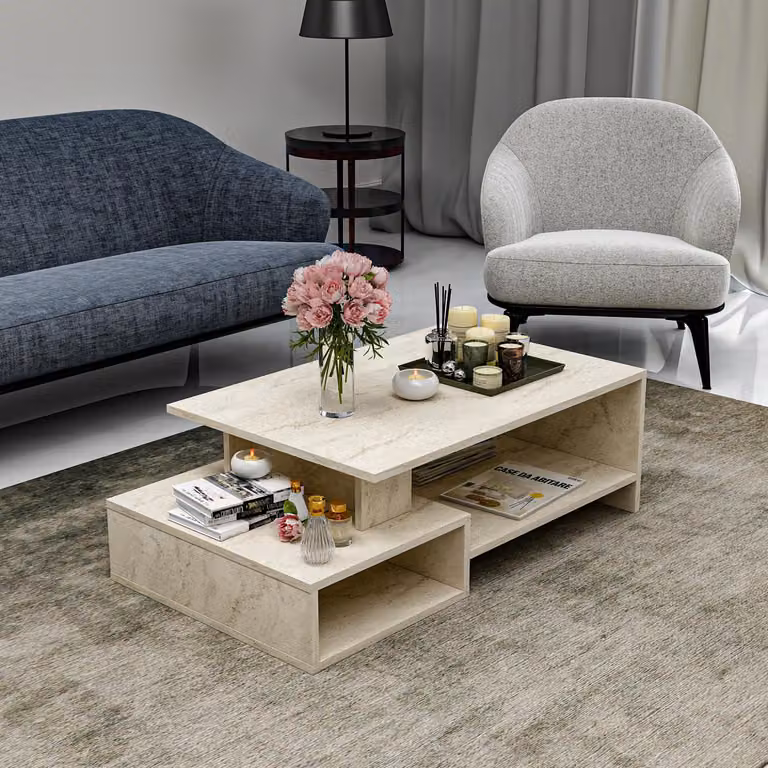 HOMIDEA DUX Tavolino da salotto Tavolino da divano con ripiano Design moderno (travertino)