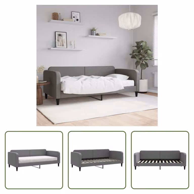 The Living Store Letto da giorno con materasso grigio scuro 90x200 cm in tessuto