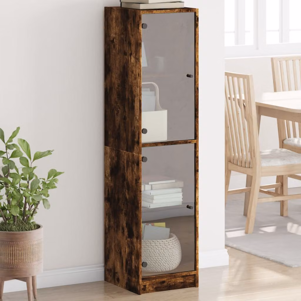 Credenza moderna vidaXL con ante in vetro e finitura rovere marrone, L/P/H: 35 x 37 x 142 cm