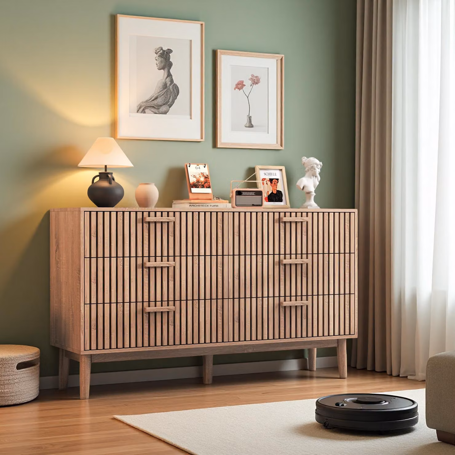 Comodino INONEFT con 6 cassetti, mobiletto contenitore in legno, adatto per camera da letto e soggiorno, dimensioni 34x100x73 cm, colore legno naturale