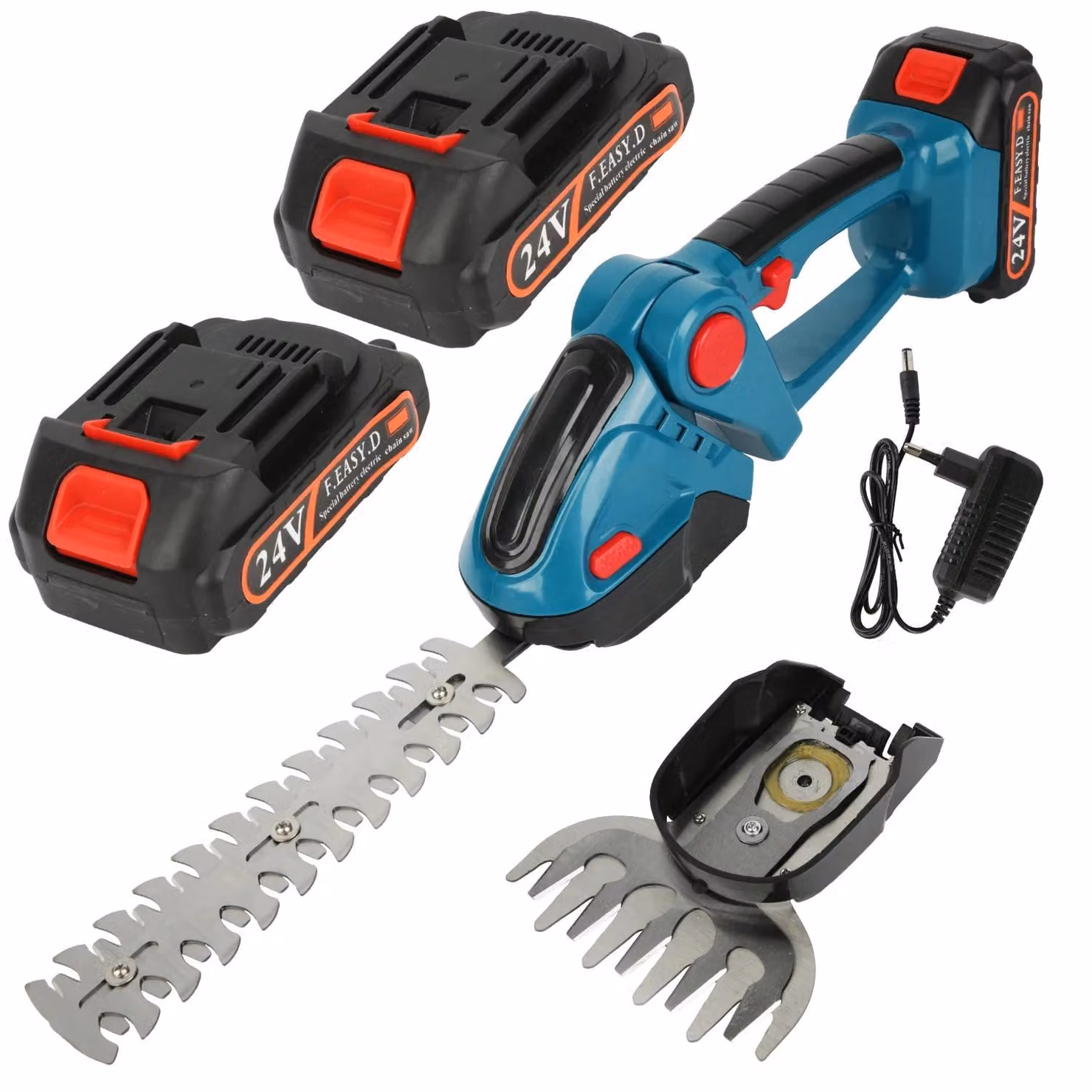 Tagliasiepi e tagliaerba 2-in-1 - Senza fili - Motore brushless - Lame intercambiabili - 2 batterie - Blu