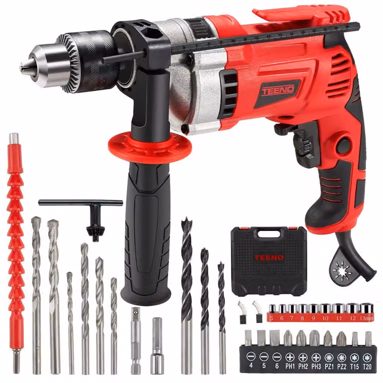 Trapano avvitatore elettrico a filo - Potenza: 910 W - Mandrino: 13 mm - Materiale: metallo - Colore: rosso - Trapano a percussione