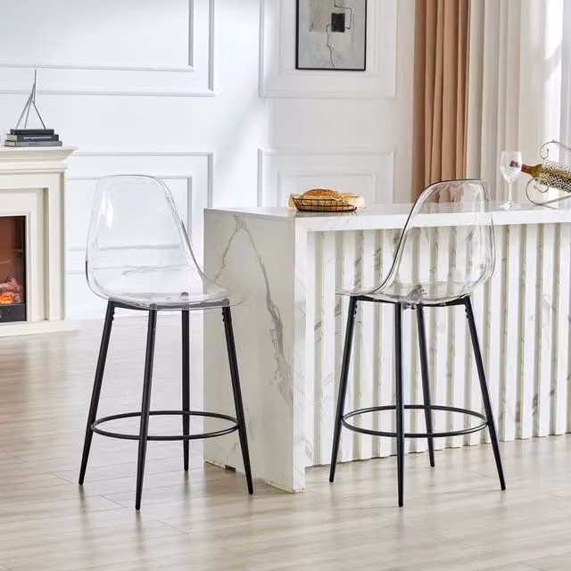 Set da 2 Sgabelli da Bar Trasparenti con Gambe in Metallo Nero, Design Moderno per Cucina e Isola Bar, Robusti e Facili da Montare
