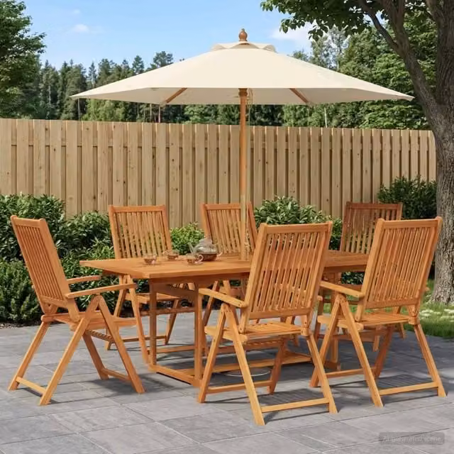 Set da pranzo da esterno vidaXL in legno di acacia con ombrellone, 8 pezzi per 6 persone, marrone e bianco