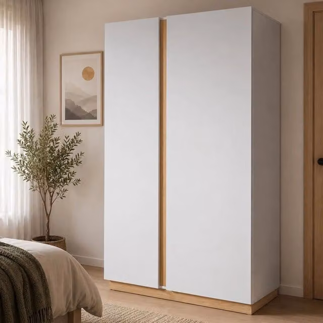Armadio da camera da letto DMORA con ante battenti e chiusura soft close, colore marrone rovere, L: 97 cm, H: 194 cm