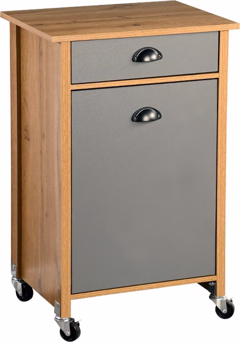 Carrello da cucina KESPER, decorazione effetto legno di quercia, grigio - 2 contenitori per rifiuti (da 15 litri ciascuno) – 50x37x79 cm – Mobiletto da cucina – con cassetto e 4 ruote, bloccabili – 2552813