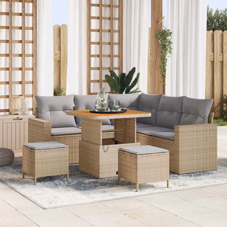 Set Divano da Giardino vidaXL 9 Pezzi a Forma di L con Tavolino e Pouf, Colore Beige e Grigio