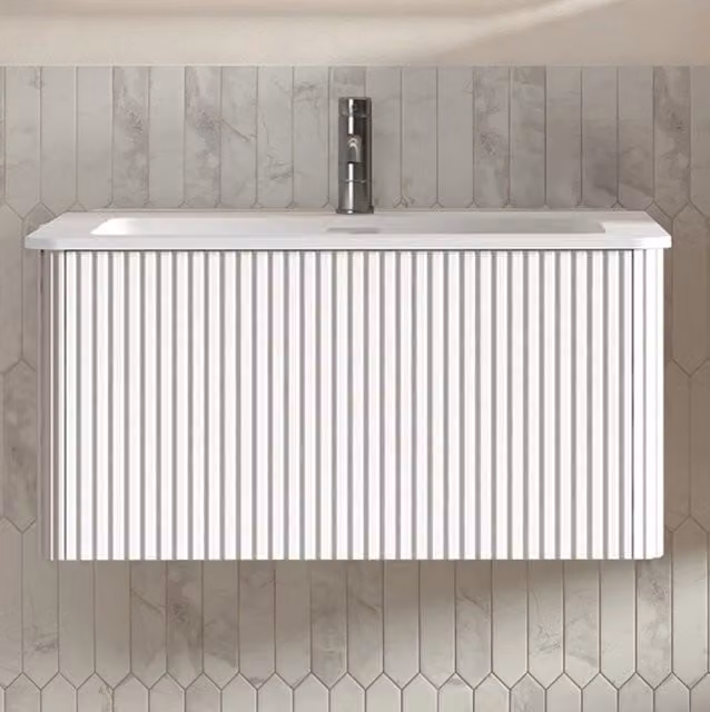 Mobile bagno sospeso bianco 80 cm con lavabo in minerale e design a scanalature verticali