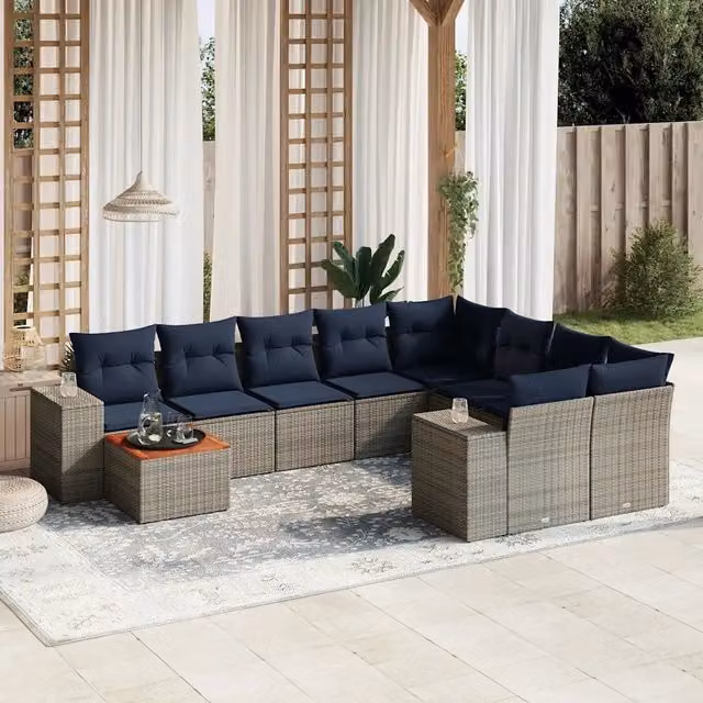 Set Divani da Giardino 10 pz con Cuscini Grigio in Polyrattan 3225613