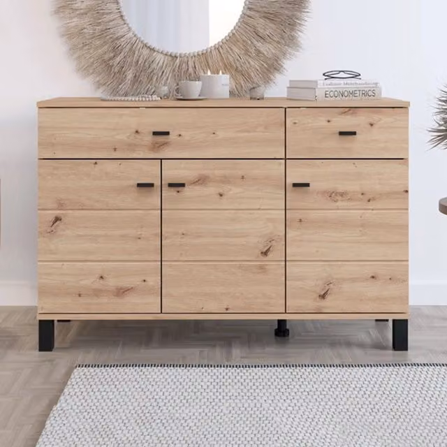 Madia Jerico DMORA, Credenza Moderna con 3 Ripiani in Rovere Marrone, L 116 x P 35 x H 78 cm