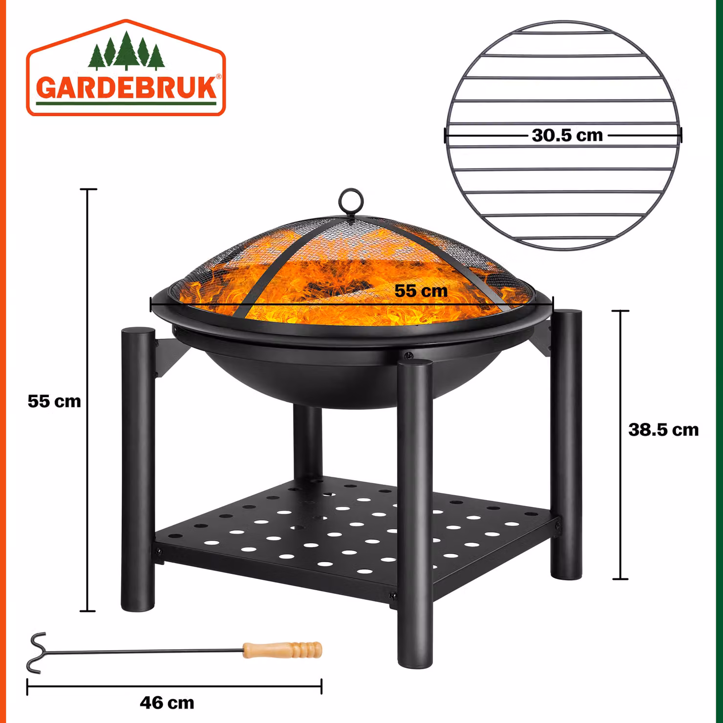 Braciere da giardino Gardebruk® in acciaio inox nero con coperchio, Ø 55 cm – 2