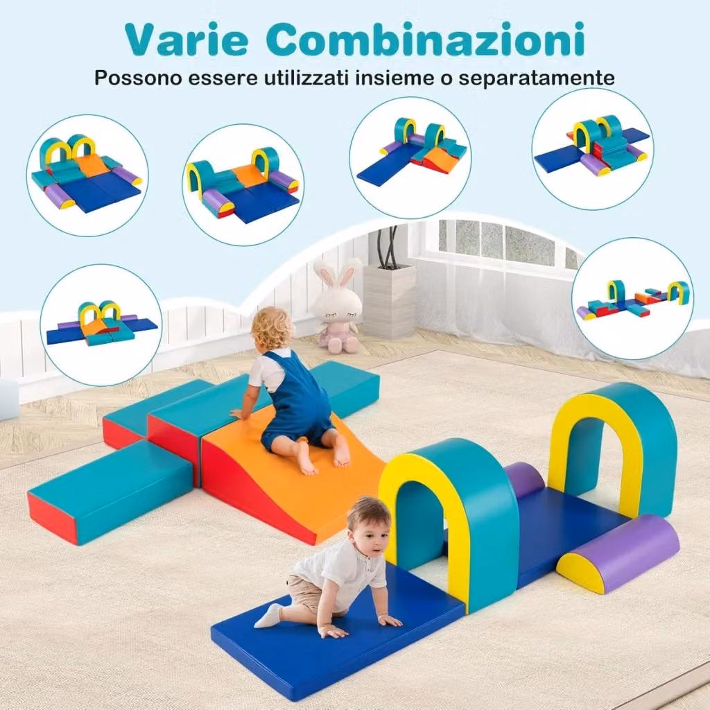 Set di 10 Blocchi da Arrampicata in Schiuma Costway per Bambini, Strutture per Scalare e Scivolare in Pelle Sintetica Lavabile, Verde e Multicolore – 2