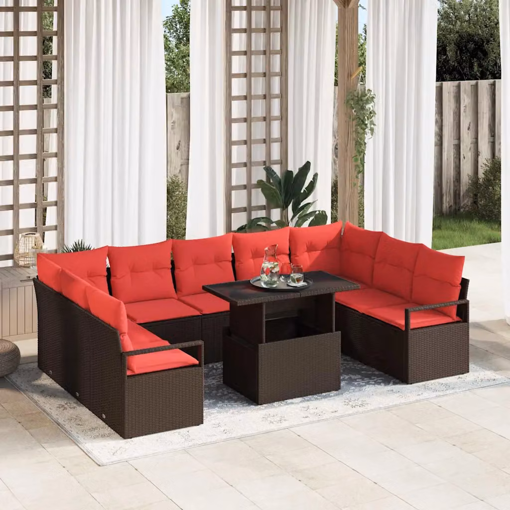 Set Divano da Giardino vidaXL 10 Pezzi a Forma di U con Tavolino, Colore Marrone e Rosso