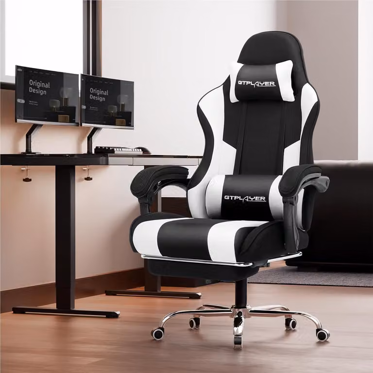 Sedia da gaming ergonomica con poggiapiedi, funzione massaggio e rivestimento in tessuto nero e bianco