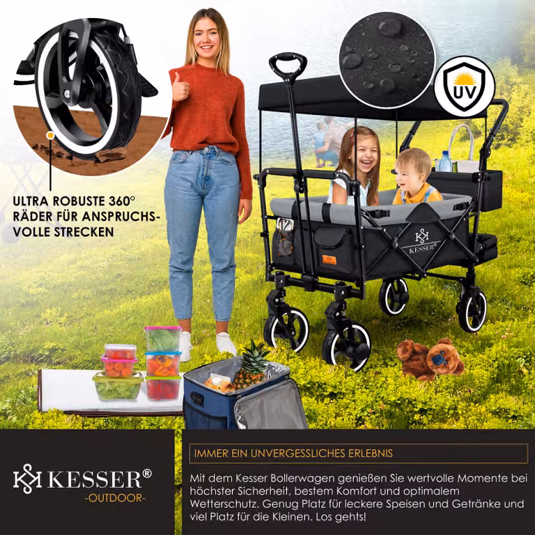 Carretto pieghevole KESSER® GTS-9100 con tettuccio, carrello da trasporto pieghevole con portata fino a 150 kg, ruote in gomma dura e freni di stazionamento anteriori e posteriori; include lucchetto, copertura, protezione dalle intemperie e visiera paraso