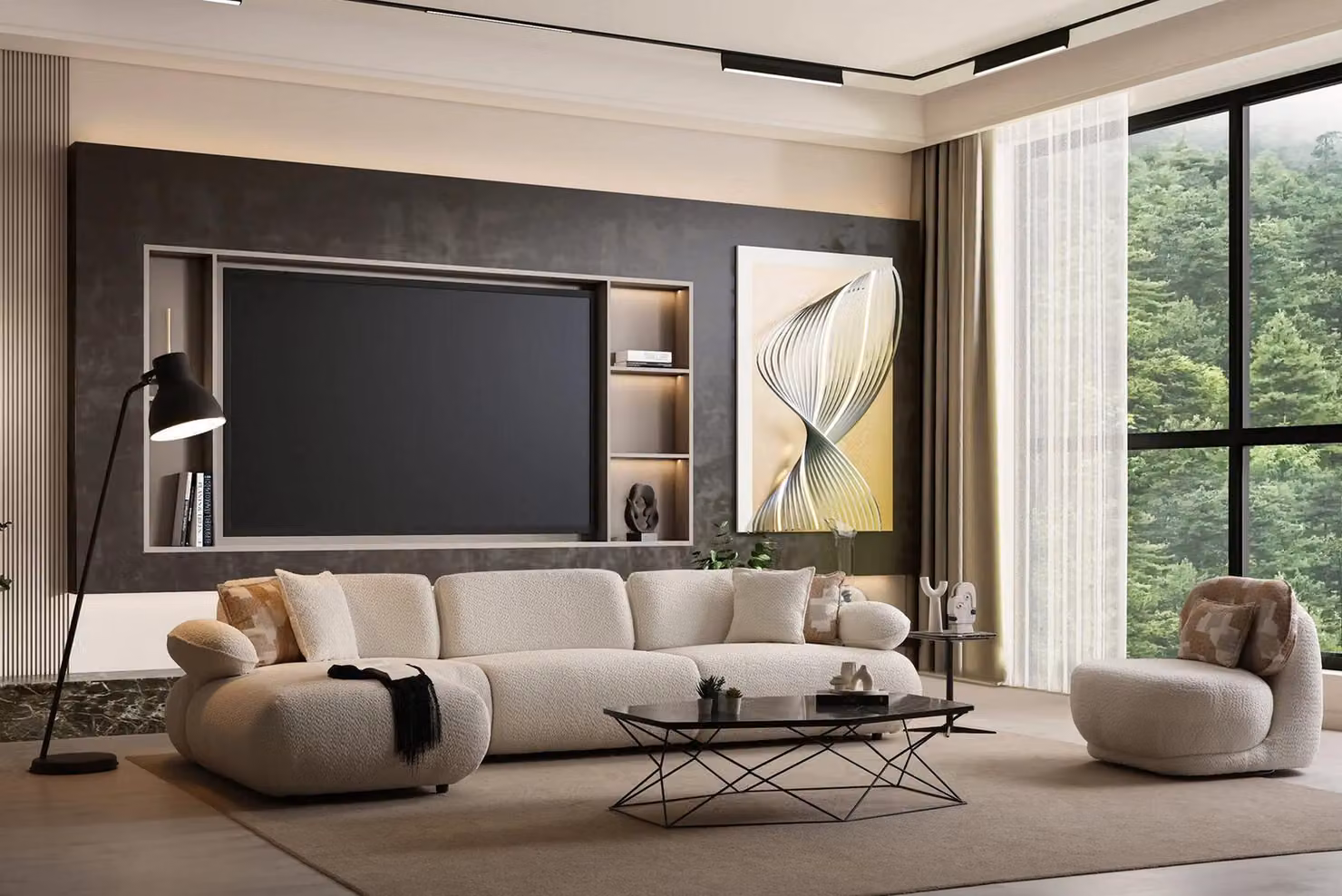 Elegantes Beige Ecksofa-Set mit Couchtisch und Sessel