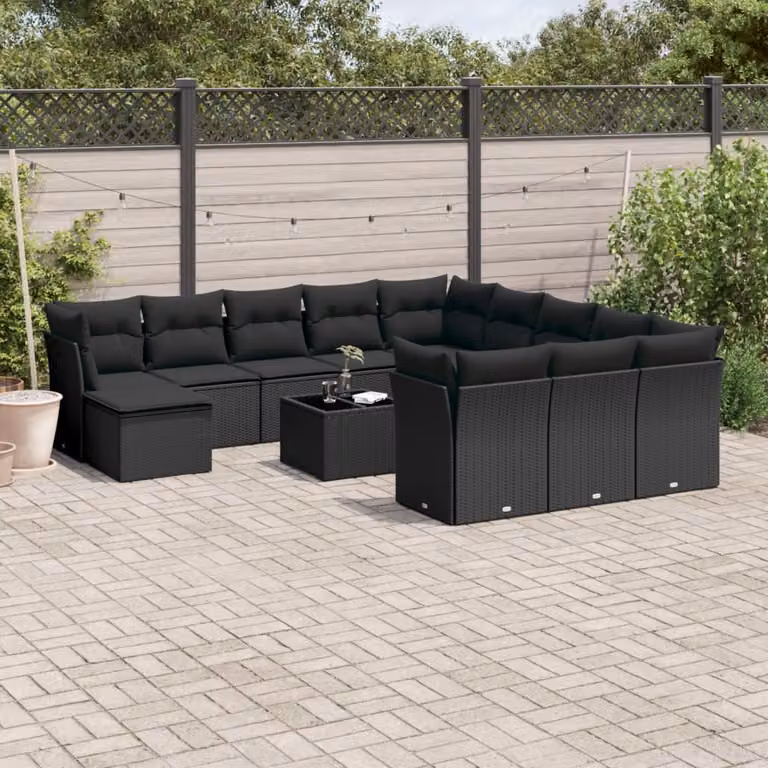 Set di divani da giardino vidaXL a forma di U composto da 13 pezzi con cuscini e tavolino in polyrattan nero