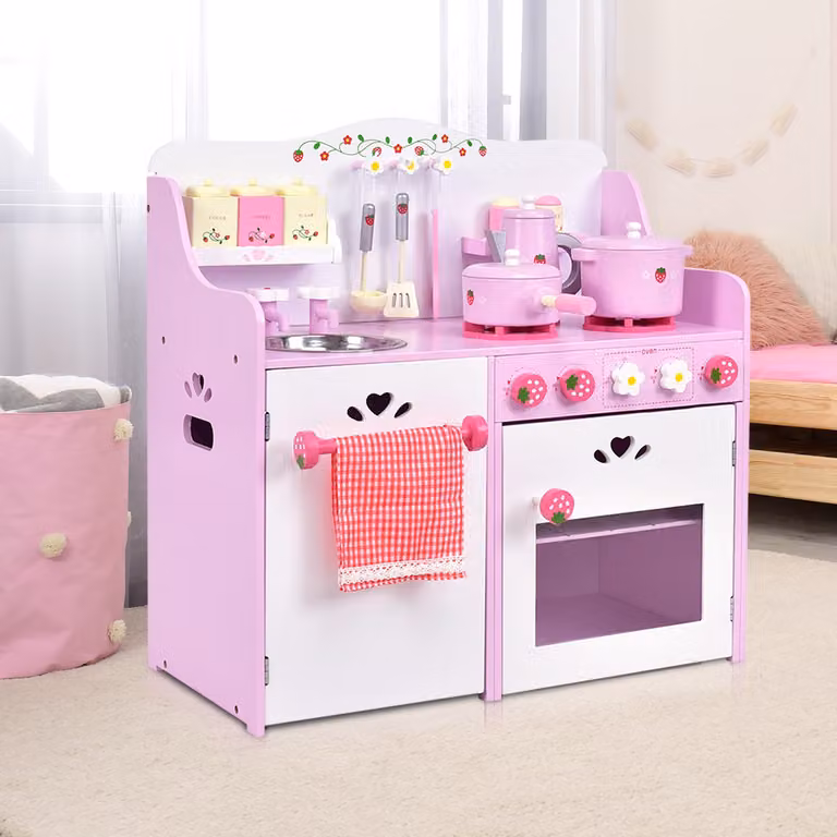 Costway Giocattolo da cucina in legno per bambini a tema fragole con 13 accessori, Rosa, L 60 cm x P 30 cm x H 62 cm