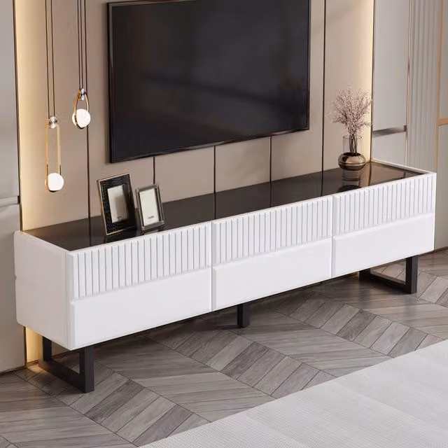 Mobile TV con cassetti; gambe in ferro e piano lucido in MDF e pannello truciolare nero e bianco 170 × 35 × 47 cm