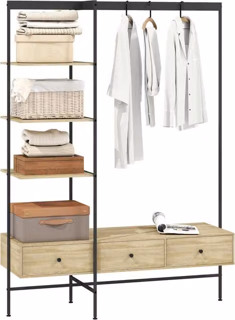 Armadio a colonna XYLO con ripiani, cassetti e appendiabiti in metallo e MDF, colore quercia, L: 180 cm, P: 50 cm, H: 200 cm