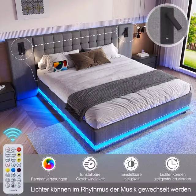 Letto matrimoniale imbottito in lino grigio con testiera dotata di luci LED, porte USB e faretti integrati, dimensioni 180 x 200 cm