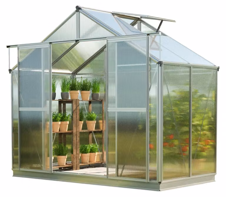 GFP Serra Topas 2 telaio in alluminio 225 x 133 cm, lastre a doppia parete di 6 mm, con apri-finestra automatico e telaio di fondazione