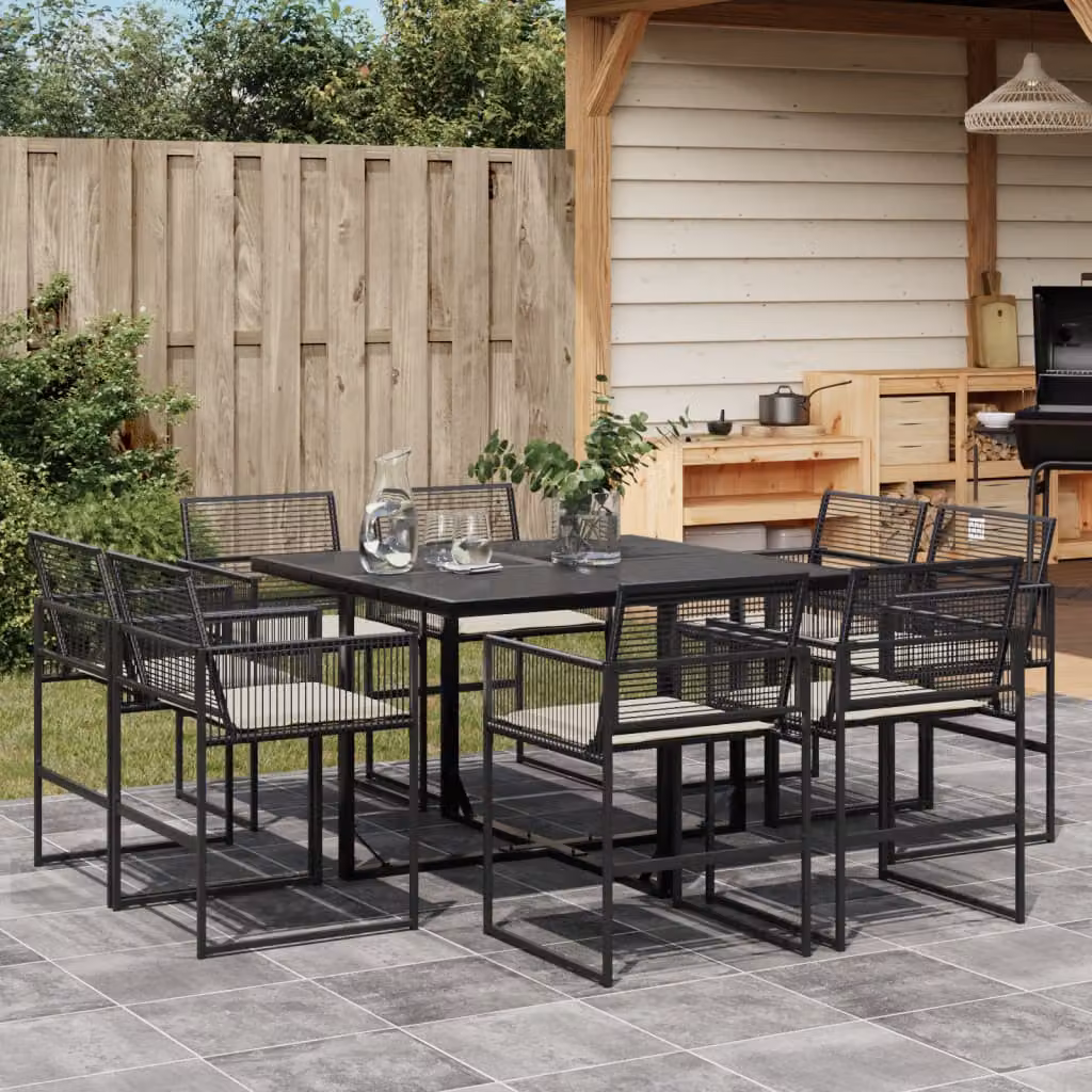 Set da Pranzo da Giardino vidaXL in Polyrattan Nero con Cuscini e Tavolo in Vetro, 9 Pezzi – 1