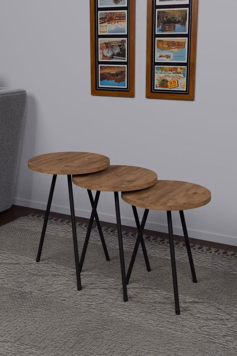 Omgoods - Set di 3 tavolini da caffè rotondi in legno e metallo
