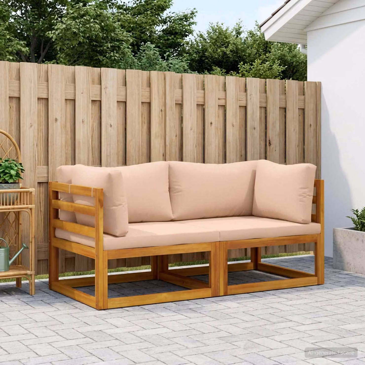 Divano angolare reversibile vidaXL in tessuto beige con cuscini e struttura in legno di acacia per esterno