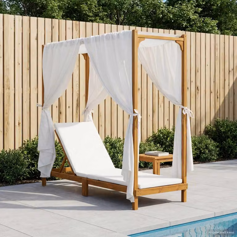 vidaXL Lettino Sole Singolo in Legno di Acacia con Tettoia e Tendine Beige e Bianco L: 200 cm, P: 110 cm, H: 68 cm
