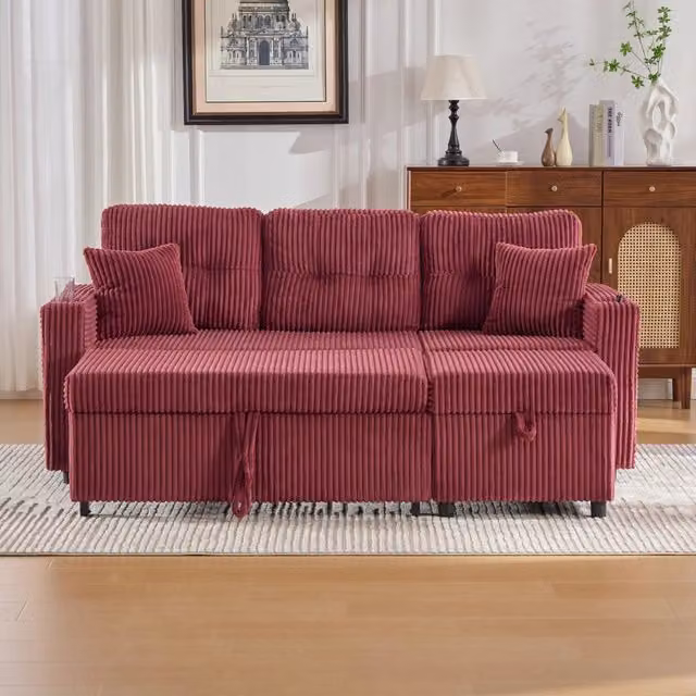 Divano letto modulare MIVRAY in velluto a coste rosso con vano contenitore, USB-C, illuminazione LED e portabicchieri L: 196 cm, P: 85 cm, H: 82 cm
