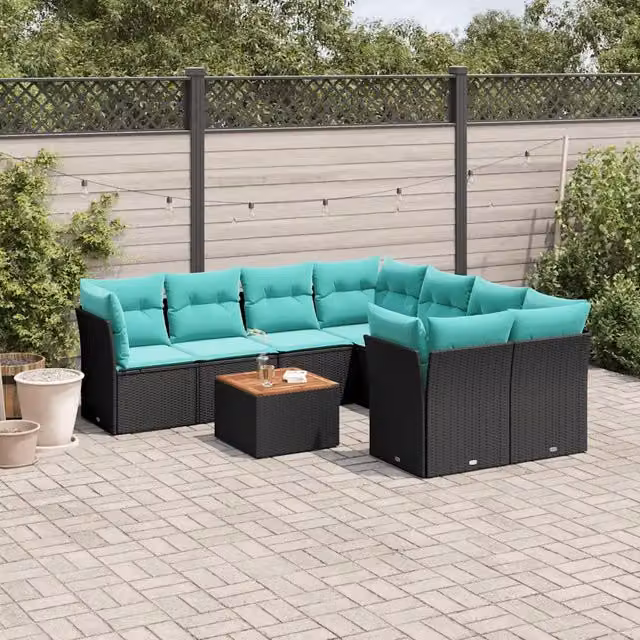 Set Divani da Giardino 9 pz con Cuscini Nero in Polyrattan 3255861