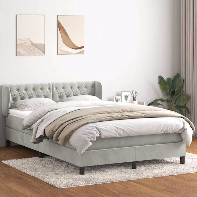 Letto con Giroletto a Molle e Materasso Ibrido vidaXL in Velluto Grigio Chiaro e Bianco L: 163 cm, P: 213 cm