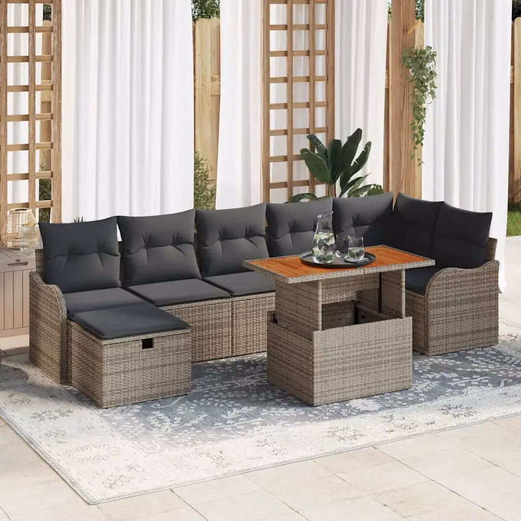 Set Divano da Giardino vidaXL 8 pz Grigio in Rattan con Cuscini e Tavolino – 1