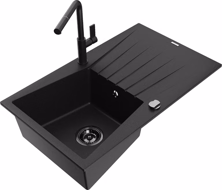 Mexen Cesar lavabo in granito 1 vasca con gocciolatoio e miscelatore cucina Flora, nero - 6514-77-670401-70-B