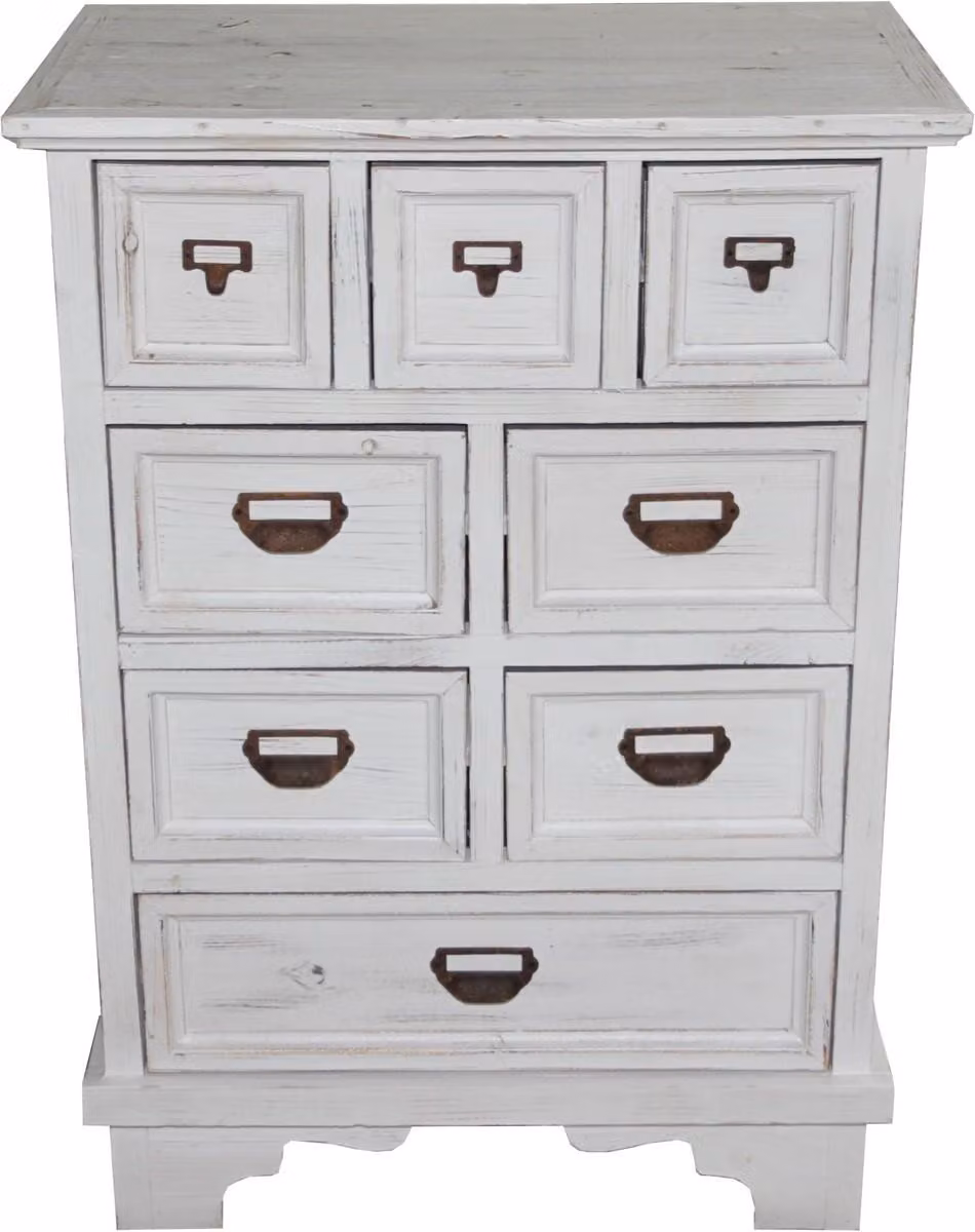 Comodino in stile shabby chic, design rustico, con 8 cassetti, colore bianco antico, dimensioni: larghezza 64 cm, altezza 90 cm