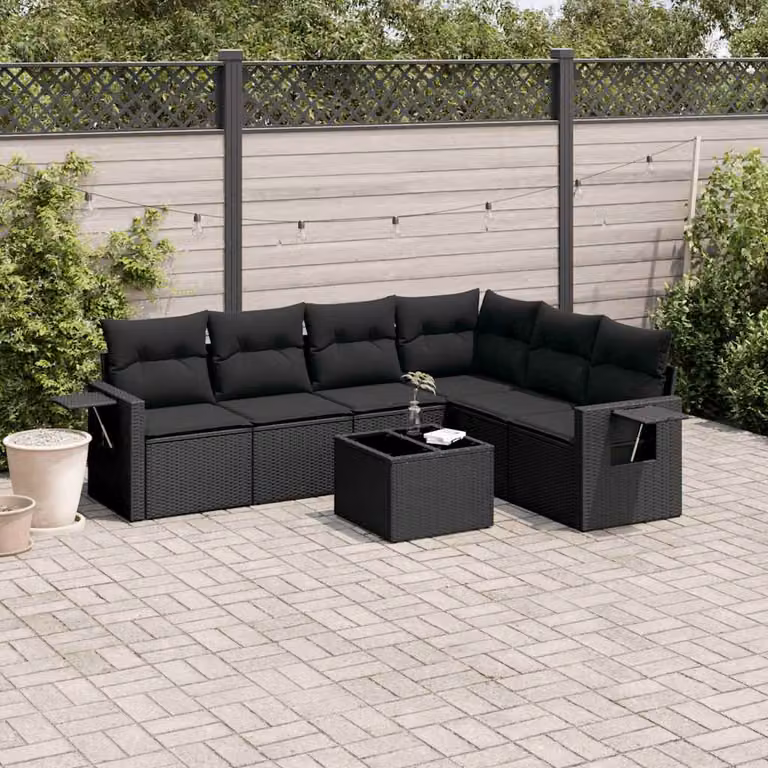 Set Divani da Giardino vidaXL a Forma a L con 7 Pezzi, Polyrattan Nero e Cuscini Imbottiti