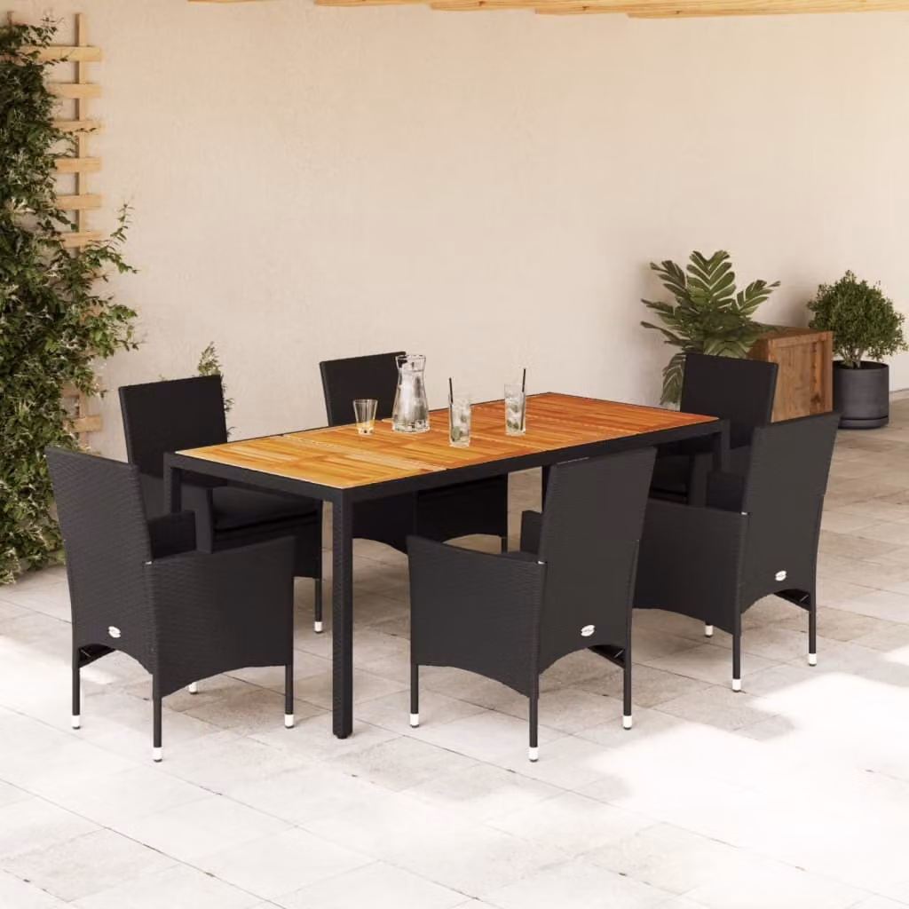 Maison Exclusive - Set Pranzo da Giardino 7 pz Nero con Cuscini Polyrattan Acacia