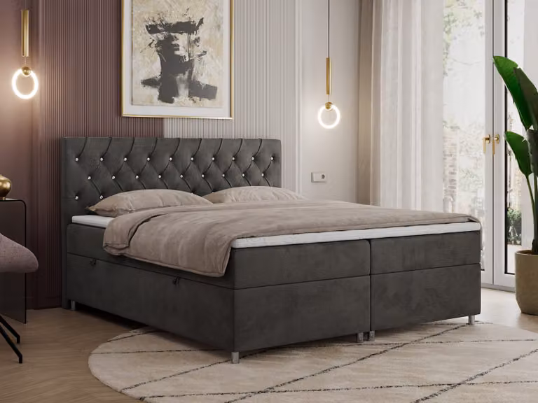 Letto boxspring 140x200 con contenitore, letto boxspring 140x200 con materasso, letto matrimoniale con materasso e topper - Letto imbottito con testiera - ROMA - 140x200 - Grigio scuro - Velvet - H4