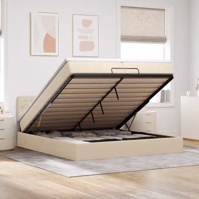 Letto con contenitore a sollevamento vidaXL in tessuto beige e bianco con illuminazione sottostante e porta USB L 200 x P 200 x H 280 cm