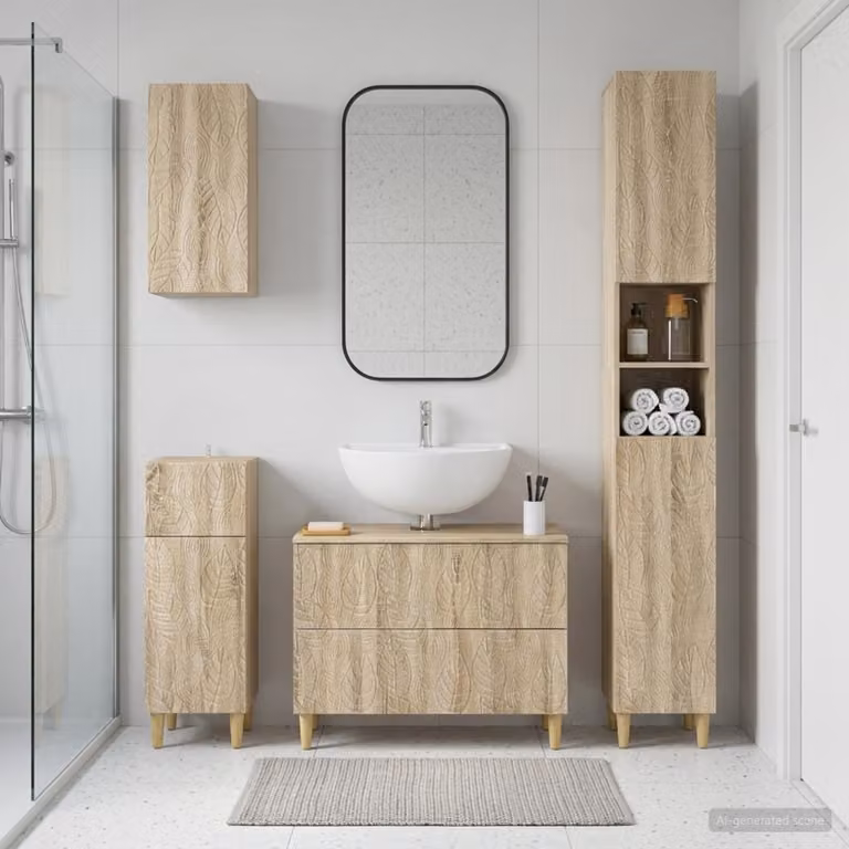 Set di mobili da bagno moderno vidaXL DELFT composto da 4 pezzi in colore marrone Rovere Sonoma con vanità e pensili a muro