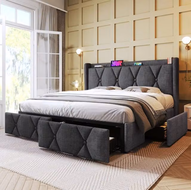 Letto matrimoniale 140x200 cm con 4 cassetti; USB e prese; tessuto grigio