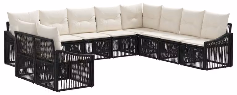 Set da giardino composto da 10 pezzi, colore nero, realizzato in rattan sintetico