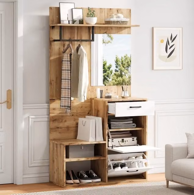 Mobile guardaroba da ingresso moderno con specchio, scarpiera e panca, bianco e legno naturale, L: 100 cm, P: 38,5 cm, H: 190 cm