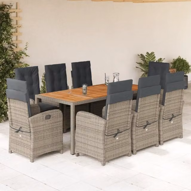 Set da pranzo da giardino vidaXL in polyrattan e legno di acacia con piano in vetro, 9 pezzi, grigio e marrone