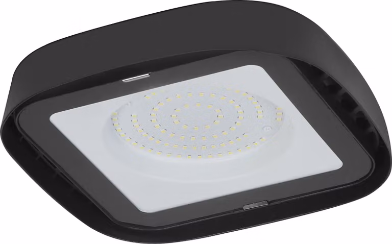 Plafoniera OSRAM Highbay Ufo in nero, offre 80 W e 9300 lm in bianco luce diurna a 6500 K, con protezione IP65 contro getti d'acqua e polvere (antipolvere), ideale per soffitti alti