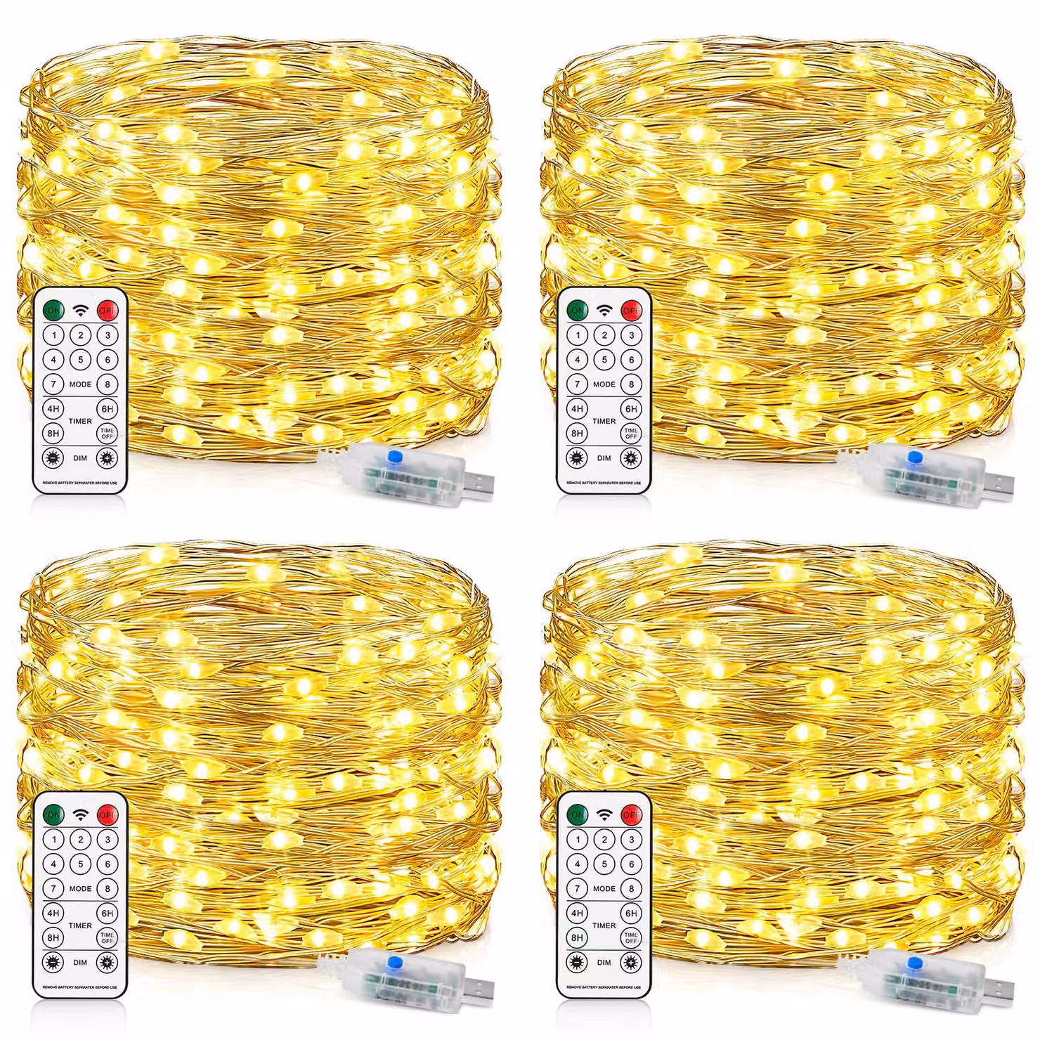 Catena luminosa a LED con alimentazione USB, 15 metri, 150 LED, 8 modalità. 4 catene luminose a LED con cavo in rame e connettore USB, con timer. Catena luminosa impermeabile, adatta per interni ed esterni, ideale per Natale, feste e decorazioni. Luce cal