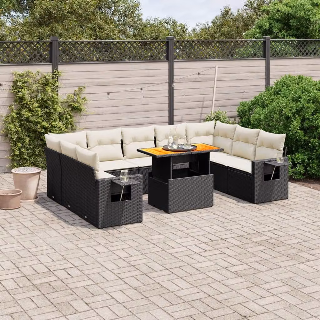 vidaXL Set Divani da Giardino a L in Polyrattan Nero con Cuscini e Tavolino da Esterno – 1