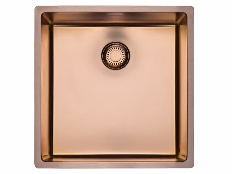 Lavello REGINOX modello NEW YORK 40X40, finitura rame rosa, adatto a basi di almeno 50 cm di larghezza, installazione a filo piano, incasso parziale, da incasso sotto piano