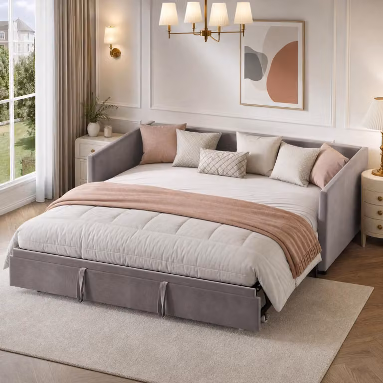 Divano letto INONEFT, 90/180 x 200 cm. Letto per ospiti, letto matrimoniale, struttura imbottita con rete a doghe e schienale, rivestimento in velluto, colore grigio, senza materasso